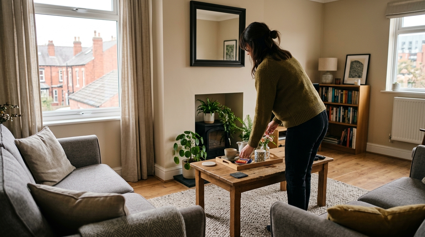 Host preparing welcome tray in Manchester Airbnb living room