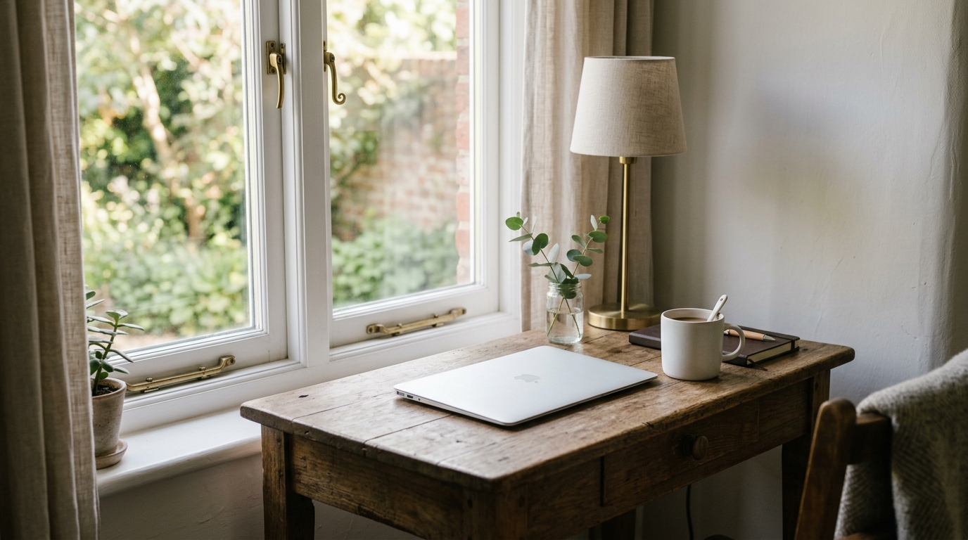 Laptop on desk showing tourism statistics report beside window with morning light