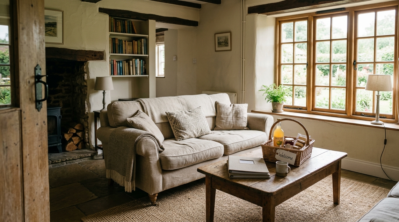 Self-catering cottage sitting room with sofa and coffee table, showing typical UK holiday let interior