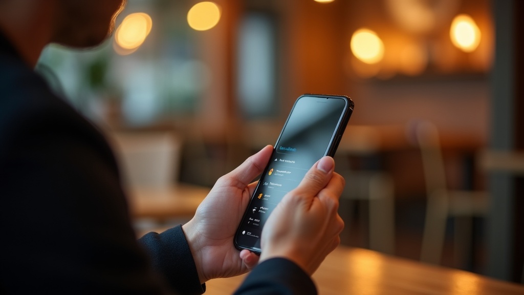 Person scrolling listings on a phone in a cafe