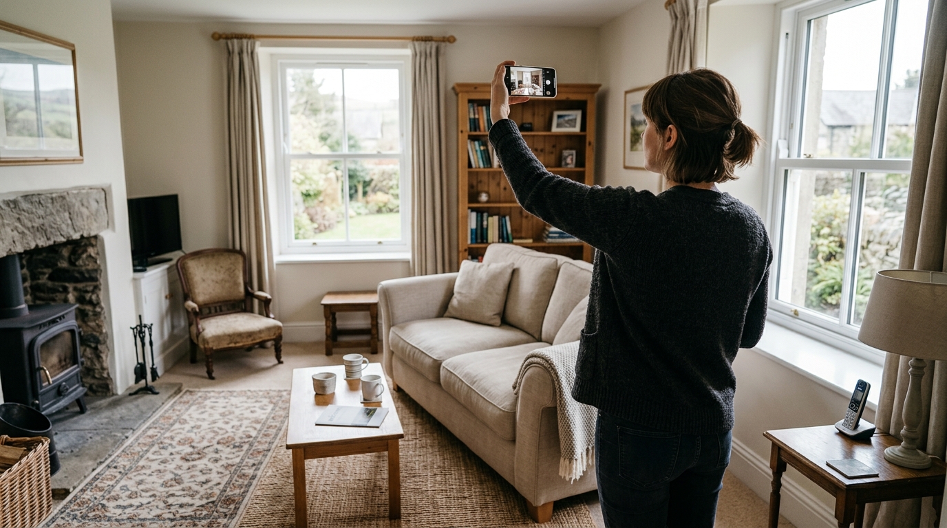 Host photographing a UK holiday let living room during a changeover inspection