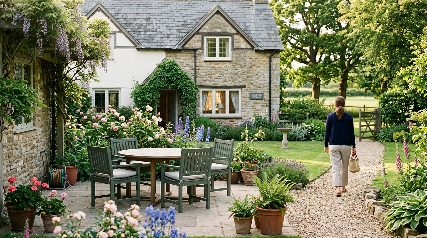 Tidy UK holiday cottage garden and exterior between guest bookings