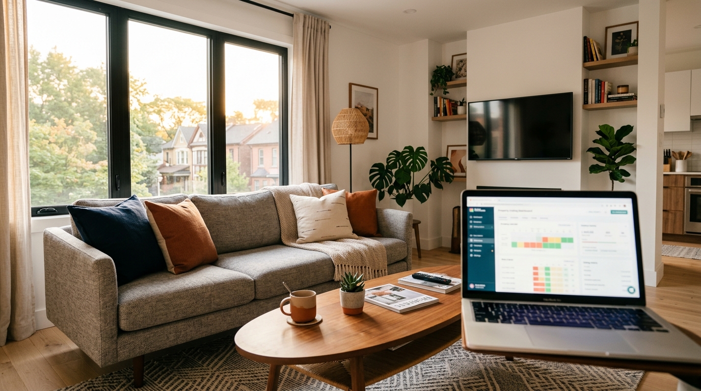 Stylish Airbnb living room with laptop showing short-let management dashboard