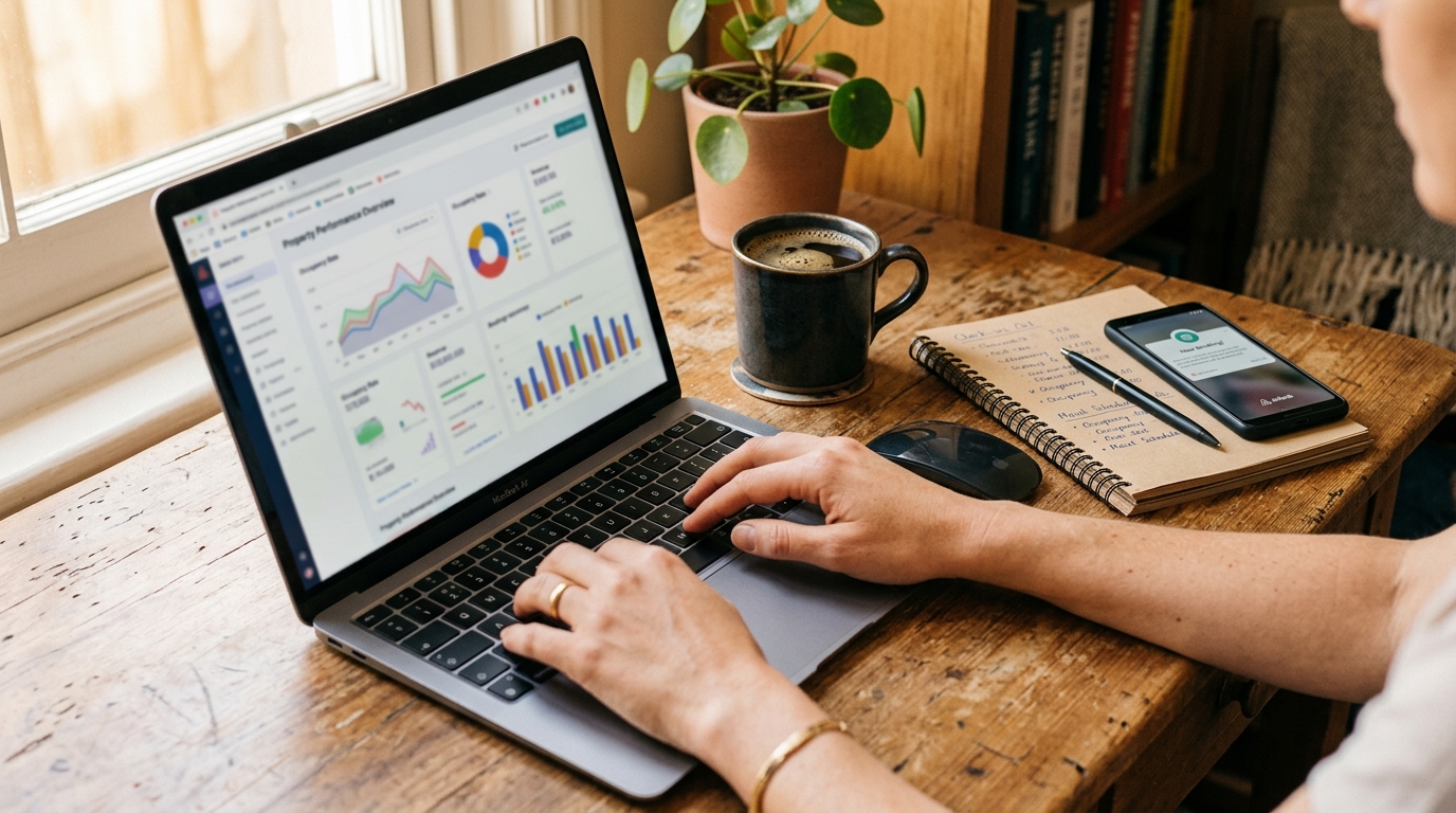 Host analysing rental property performance data on laptop
