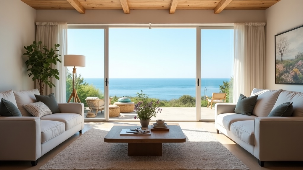 Luxury coastal Airbnb living room with sea views for Easter holidays