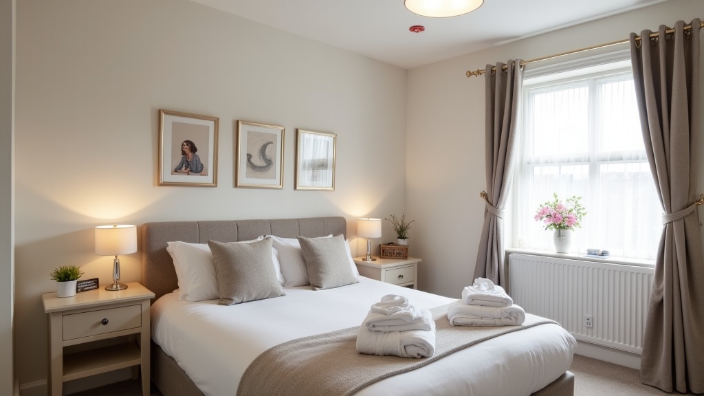 Compliant Airbnb bedroom with smoke alarm and safety features
