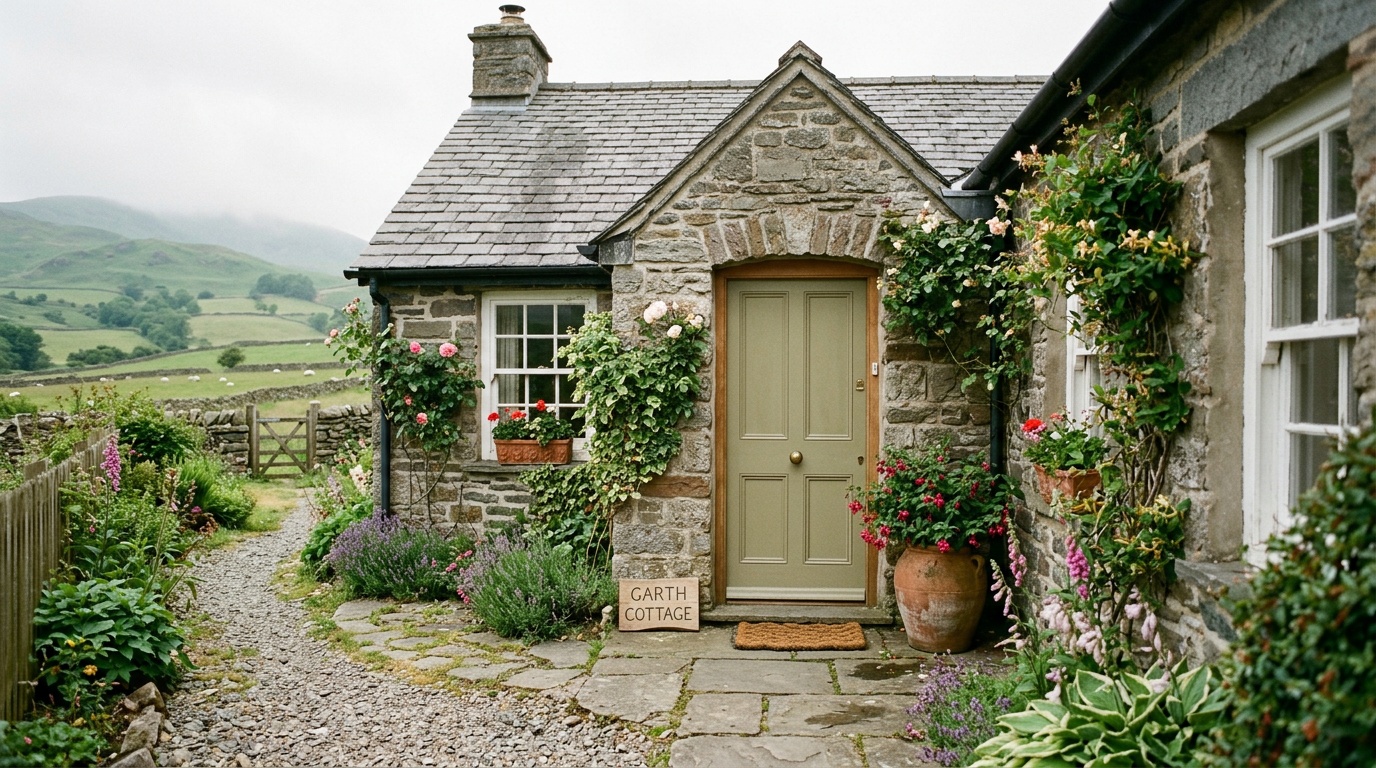 Traditional Welsh cottage exterior with slate roof and welcome sign
