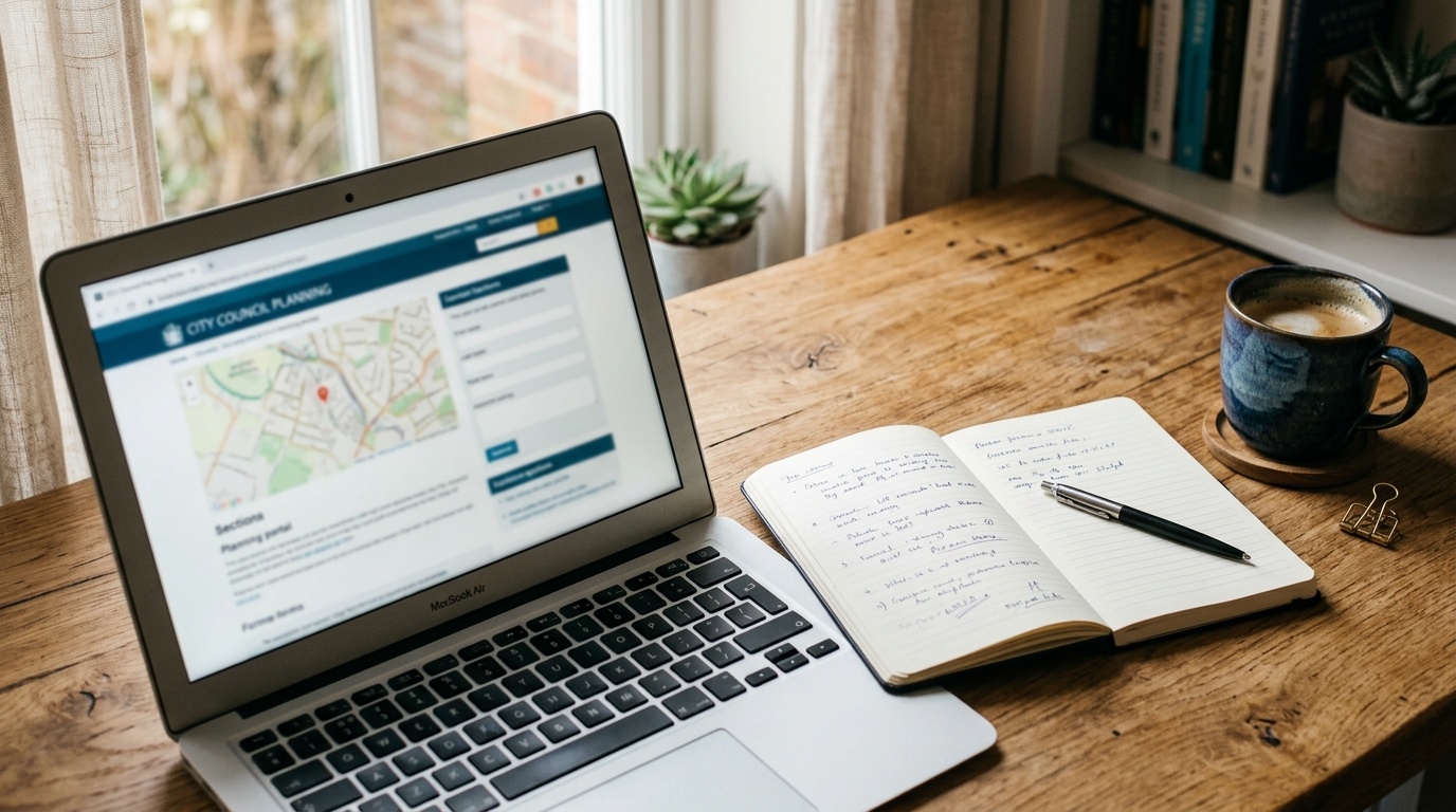 Laptop displaying Welsh council planning portal for Airbnb registration research