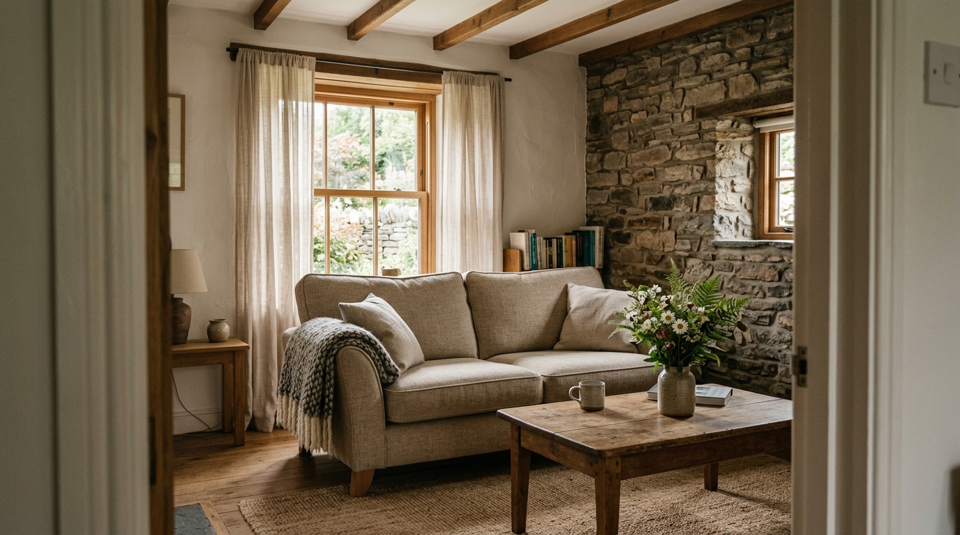Inviting Welsh Airbnb living room with stone wall and natural light