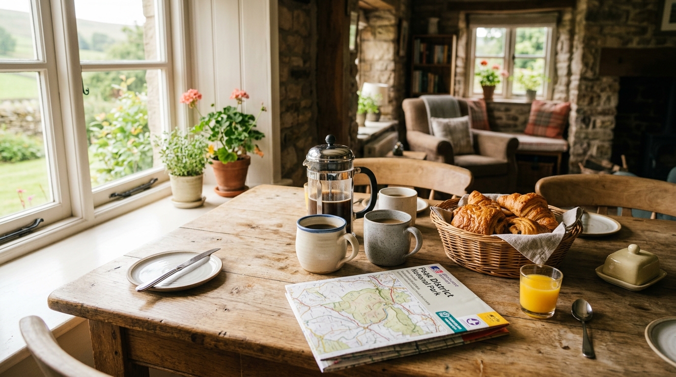 A cosy holiday cottage kitchen table with a cafetière, breakfast and a map, illustrating value UK breaks