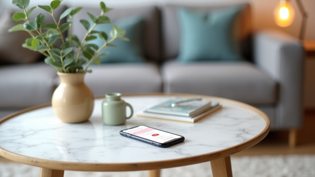 Mobile phone showing Airbnb digital guidebook in modern living room