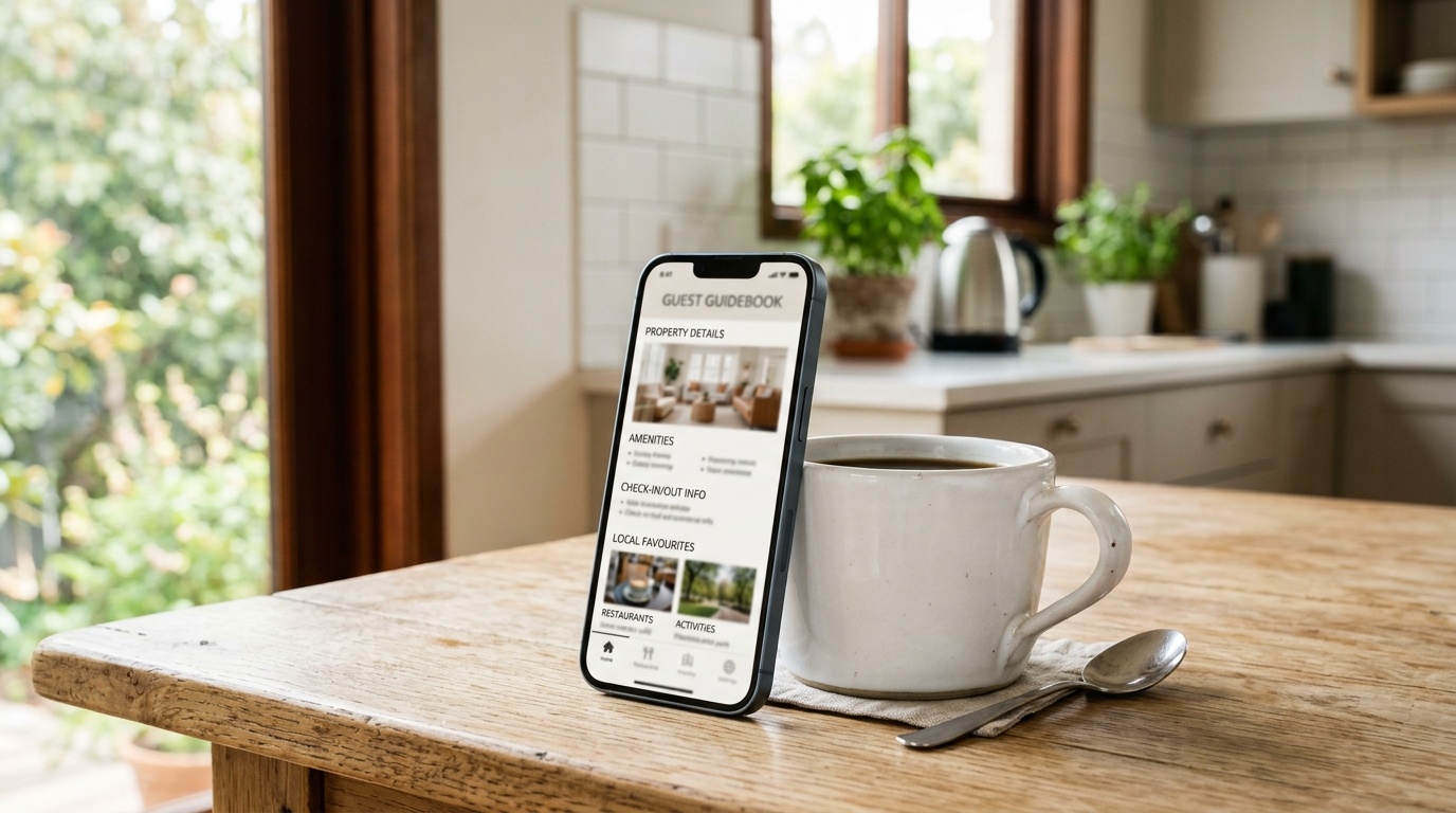 Smartphone displaying Airbnb digital guidebook on kitchen table