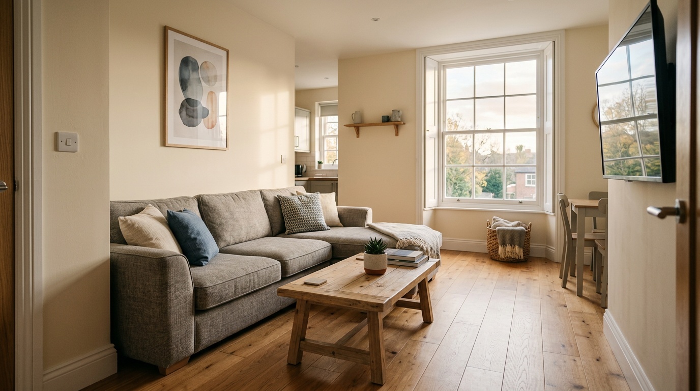 Modern Airbnb living room interior with natural light