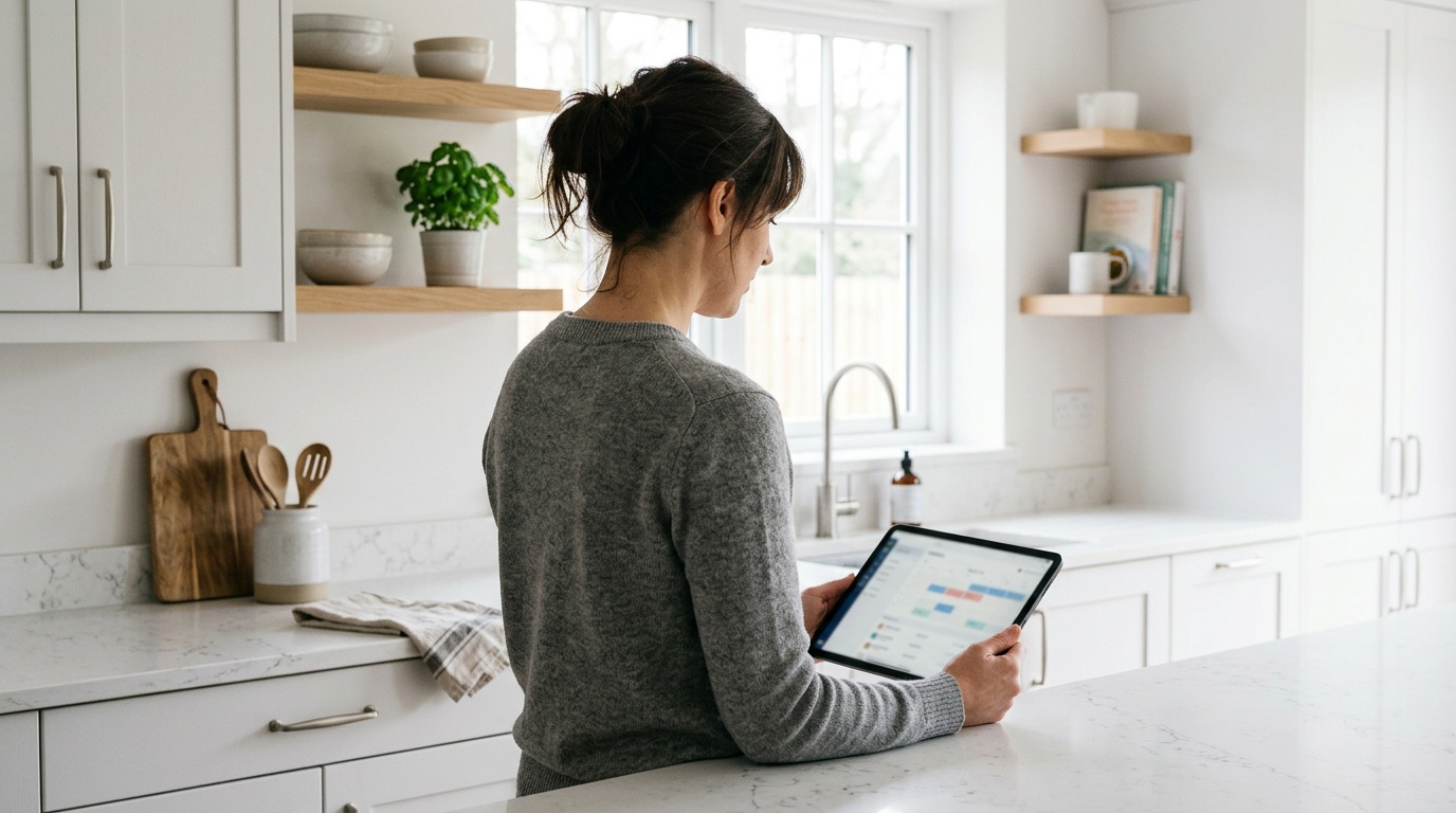 Host reviewing digital guidebook on tablet in kitchen