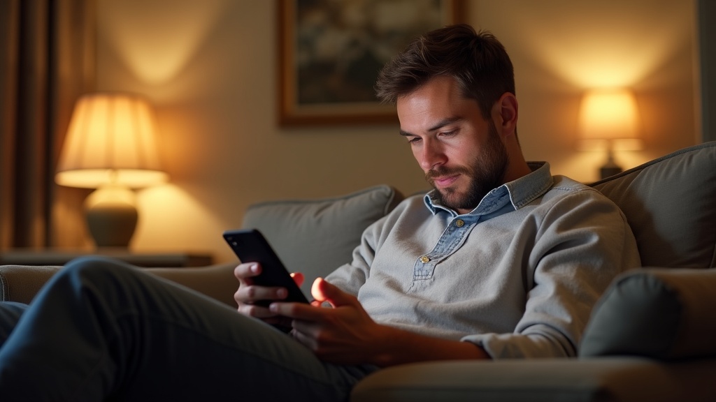 Guest relaxing with a phone in a styled living room