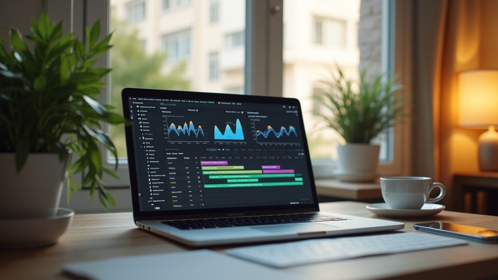 Laptop open to an editing dashboard on a neat desk
