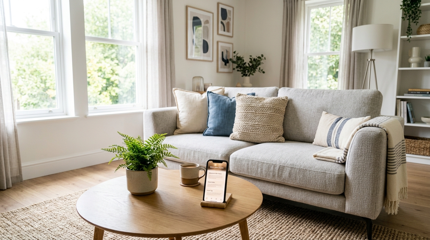 Smartphone displaying Airbnb digital guidebook in modern living room