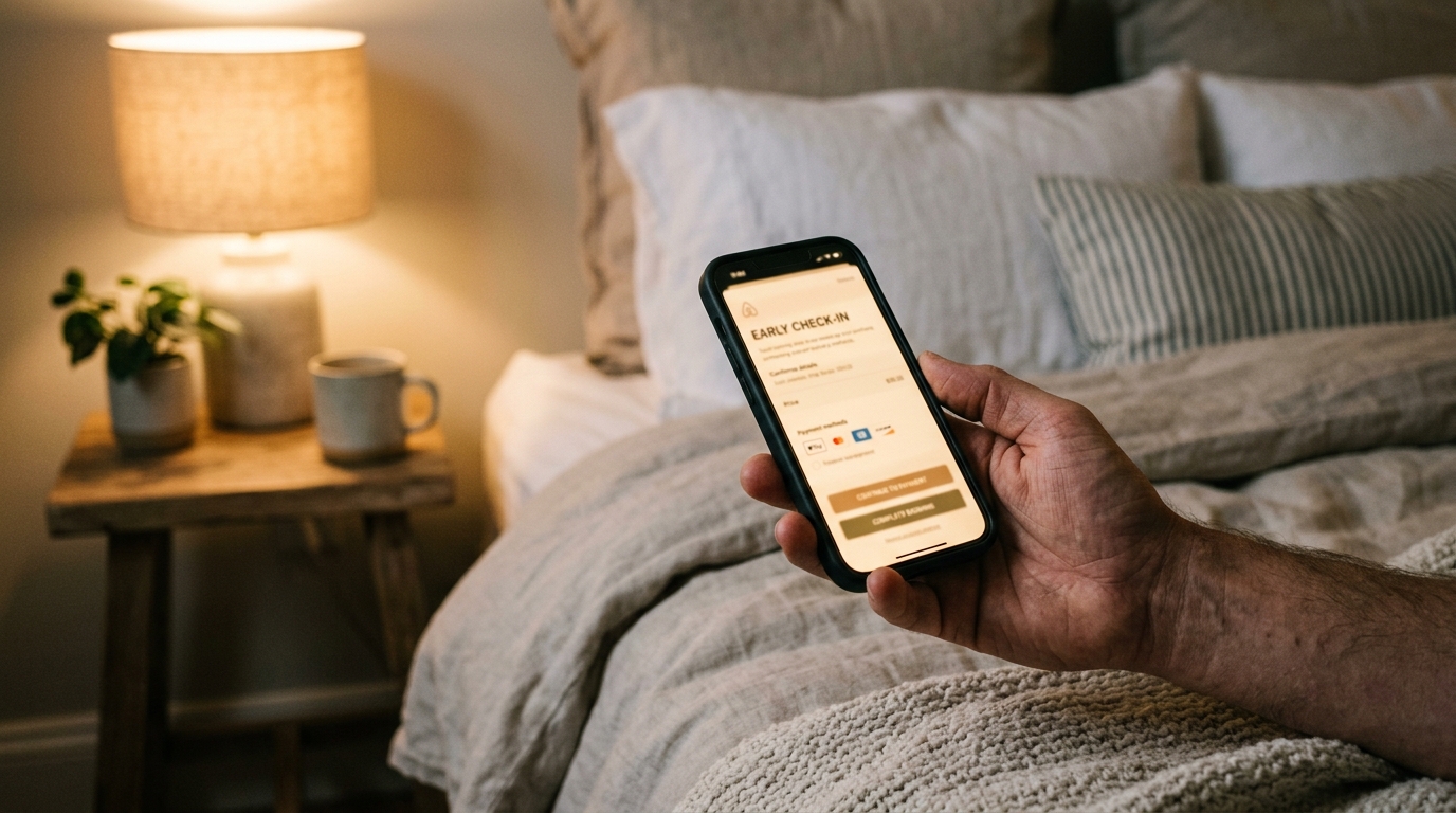 Guest booking early check-in upsell on smartphone in Airbnb