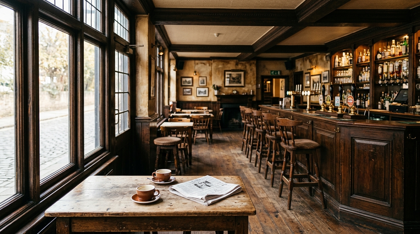 British pub interior with natural light showing table, bar counter and traditional hospitality setting