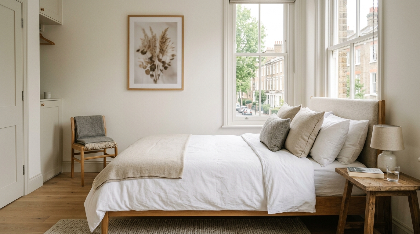 Clean double bed in a UK short-term rental property prepared for international guests