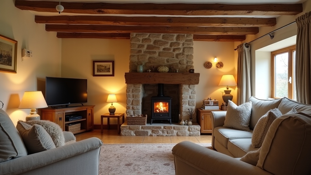 Welsh Airbnb interior with fire safety equipment and cosy furnishings
