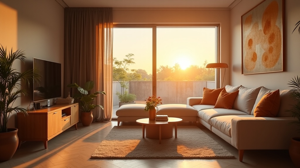 Stylish living room in golden hour light