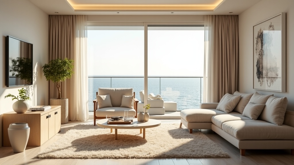 Bright staged living room of a holiday rental