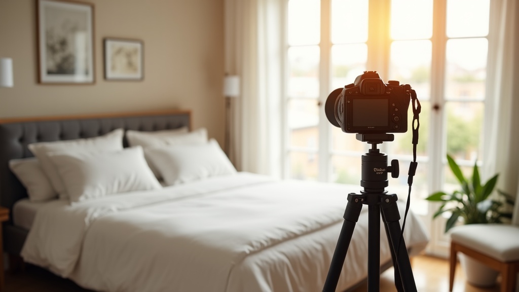 Camera photographing a sunlit bedroom