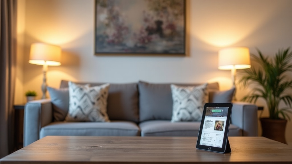 Modern Airbnb living room with digital guidebook displayed on tablet